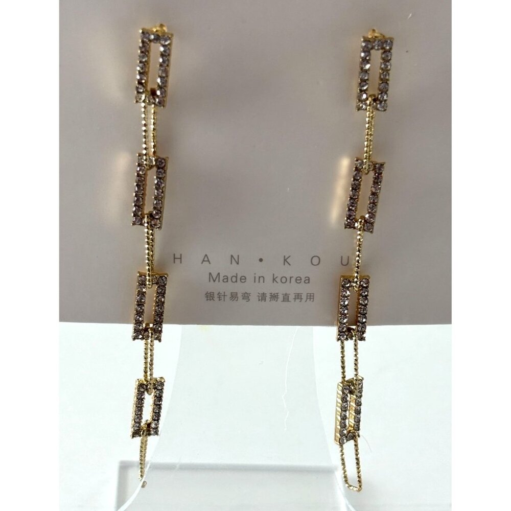 Gold-Plated Rhinestone Rectangular Link Drop Earrings By Han.Kou - Picture 2 of 4